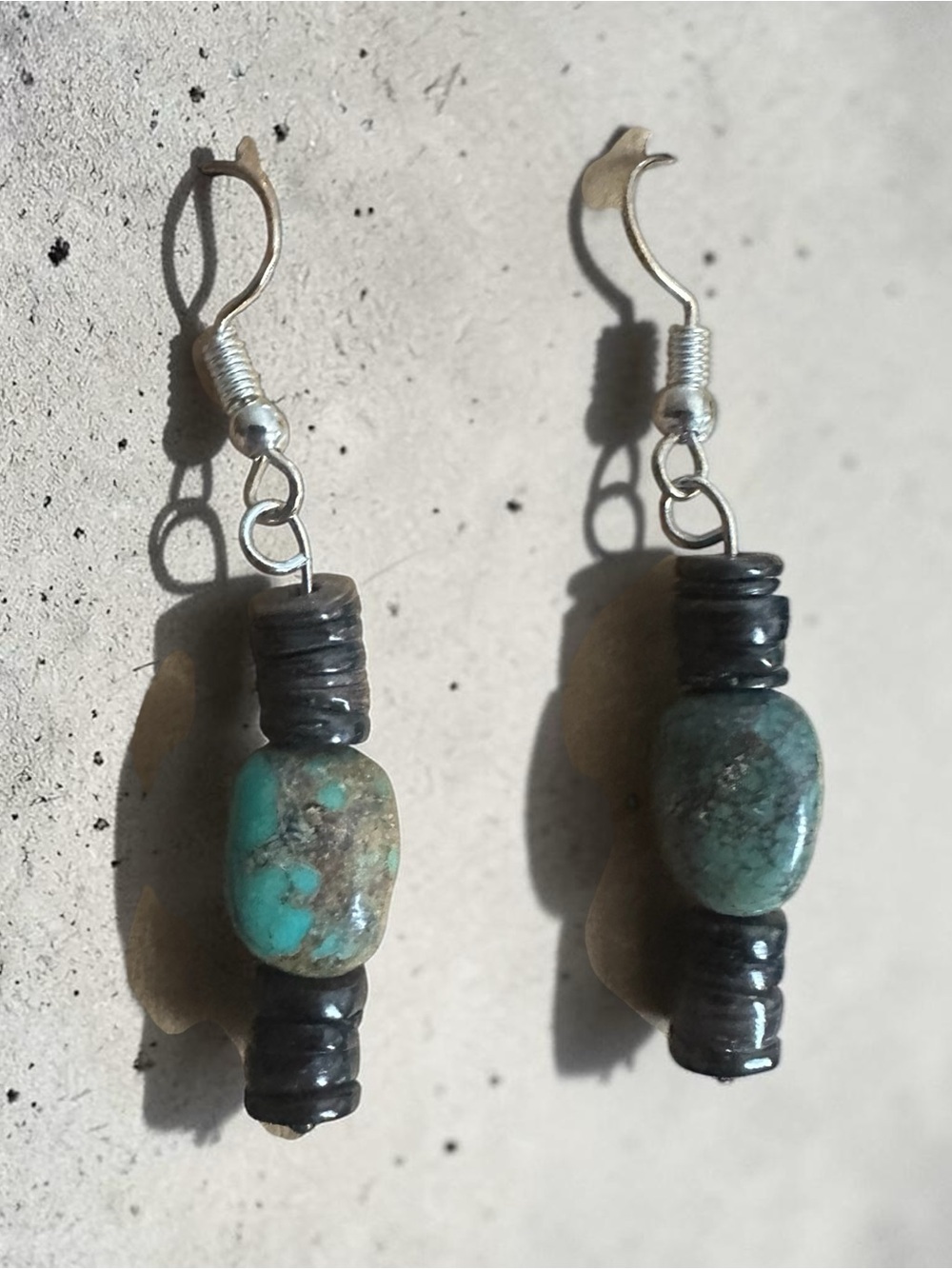 Green Turquoise Dangle Earrings with Brown Shell